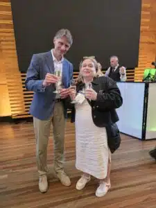 Hypertension Australia and ASCEPT Presidents Markus Schlaich (L) and Bridin Murnion (R) sharing a glass of sparkling at the National Wine Centre Meeting Dinner, sponsored by Moderna.